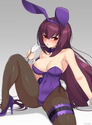 Rule 34 | 1girl, absurdres, animal costume, animal ears, armpits, artist name, bare shoulders, blush, bow, bowtie, breasts, cleavage, covered navel, cum, cum in container, cum in cup, cum string, cup, detached collar, drinking glass, fake animal ears, fate/grand order, fate (series), gokkun, hair between eyes, high heels, highres, hioyami, holding, large breasts, leotard, long hair, looking at viewer, official alternate costume, open mouth, pantyhose, playboy bunny, purple footwear, purple hair, rabbit ears, red eyes, scathach (fate), scathach (piercing bunny) (fate), sitting, solo, sweat, wine glass, wrist cuffs