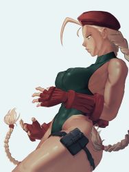 Rule 34 | 1girl, absurdres, beret, blonde hair, blue eyes, braid, cammy white, closed mouth, covered erect nipples, covered navel, fingerless gloves, gloves, green leotard, grey background, hat, highres, leotard, light blue background, long hair, mon eree, pouch, red gloves, red hat, scar, scar on face, simple background, solo, street fighter, street fighter v, thigh strap, thighs, toned, turtleneck, twintails