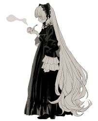 Rule 34 | 1girl, black dress, black footwear, blunt bangs, chin strap, dress, frilled sleeves, frills, gosick, greyscale, highres, holding, holding smoking pipe, limited palette, long hair, long sleeves, looking down, monochrome, muted color, quxiaochong, shoes, smoke, smoking pipe, solo, standing, very long hair, victorica de blois