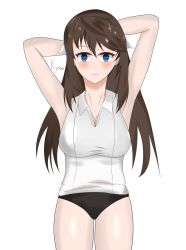 Rule 34 | 1girl, absurdres, armpits, arms behind head, arms up, artist name, bare arms, bare shoulders, blush, breasts, brown hair, buruma, cleavage, closed mouth, collared shirt, commentary, counter:side, cowboy shot, drawing, english commentary, gluteal fold, gym uniform, hair ribbon, highres, kyreon, large breasts, long hair, looking at viewer, ribbon, shin jia, shirt, simple background, sleeveless, sleeveless shirt, smile, solo, standing, stretching, thigh gap, thighs, white background, white ribbon, white shirt
