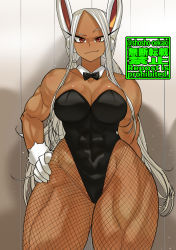 Rule 34 | 1girl, abs, artist name, boku no hero academia, bow, bowtie, breasts, cleavage, collarbone, covered abs, fishnets, gloves, hand on own hip, highres, large breasts, leotard, long hair, looking at viewer, mirko, muscular, muscular female, playboy bunny, red eyes, shosho oekaki, smile, solo, thick thighs, thighs, white gloves, white hair, wide hips