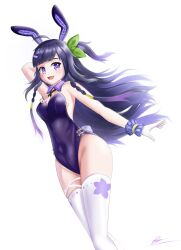 Rule 34 | 1girl, absurdres, animal ears, detached collar, eggplant, fake animal ears, highres, hime cut, hitatsuphat, leotard, natsumi hachi, nijigen project, playboy bunny, purple eyes, purple hair, thighhighs, vietnamese commentary, virtual youtuber, white thighhighs