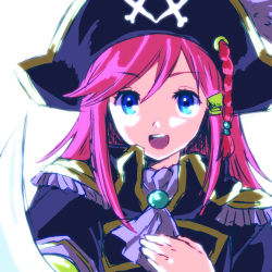 Rule 34 | 1girl, :d, bad id, bad pixiv id, blue eyes, ascot, epaulettes, gomi yashiki, hair ornament, hairclip, hand on own chest, hat, hat feather, katou marika, long hair, looking at viewer, miniskirt pirates, njigen hairitai, open mouth, pink hair, pirate, pirate hat, smile, solo