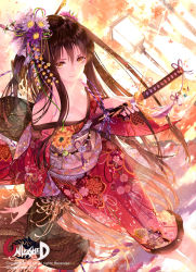 Rule 34 | 1girl, autumn, autumn leaves, bad id, bad pixiv id, bare shoulders, barefoot, breasts, brown hair, character request, cleavage, closed mouth, copyright name, dutch angle, falling leaves, floral print, flower, hair flower, hair ornament, hair stick, heart, highres, holding, holding sword, holding weapon, japanese clothes, katana, kimono, lamppost, leaf, lens flare, long hair, looking at viewer, medium breasts, no bra, off shoulder, outdoors, print kimono, rope, rozer, sheath, smile, solo, sword, text focus, tree, unleashed, unsheathing, very long hair, weapon, yellow eyes