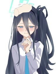 Rule 34 | 1girl, absurdres, aqua eyes, aqua necktie, aris (blue archive), black hair, blue archive, blush, disembodied limb, hair between eyes, half-closed eyes, halo, headpat, highres, looking at viewer, necktie, one side up, pov, pov hands, shirt, showtime775, simple background, smile, upper body, white background, white shirt