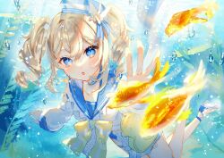 Rule 34 | 1girl, :o, barbara (genshin impact), blonde hair, blue eyes, blue headwear, blue sailor collar, blush, bubble, collarbone, dress, drill hair, fish, genshin impact, goldfish, hair between eyes, harushio, heart, high heels, highres, looking at viewer, open mouth, outstretched arms, sailor, sailor collar, seaweed, simple background, solo, twin drills, underwear, white dress, white footwear