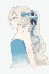 Rule 34 | 1girl, arms behind back, bare arms, bare shoulders, blue dress, blue flower, blue hair, blush, closed mouth, collarbone, dress, flower, from side, grey background, grey eyes, grey hair, hair flower, hair ornament, hair over one eye, highres, isekai joucho, kamitsubaki studio, long hair, looking away, multicolored hair, ponytail, profile, rice (okome no naru ki), simple background, smile, solo, strapless, strapless dress, streaked hair, upper body, very long hair, virtual youtuber