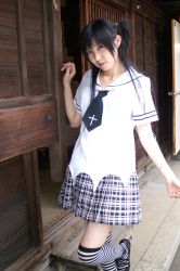 Rule 34 | arimura miu, cosplay, photo (medium), school uniform, serafuku, striped, thighhighs, twintails