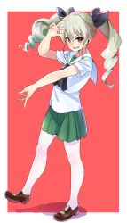 Rule 34 | 10s, 1girl, alternate costume, anchovy (girls und panzer), blouse, brown footwear, drill hair, full body, girls und panzer, green hair, green skirt, hair ribbon, highres, kerorira, loafers, long hair, looking at viewer, miniskirt, neckerchief, ooarai school uniform, pantyhose, parted lips, pink background, pleated skirt, red eyes, ribbon, school uniform, serafuku, shadow, shirt, shoes, short sleeves, skirt, smile, socks, solo, standing, twin drills, twintails, white background, white shirt
