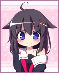 Rule 34 | 1girl, ahoge, bare shoulders, black hair, black shirt, blush, border, closed mouth, collarbone, commentary request, hair down, hair flaps, hair ornament, kantai collection, long hair, looking at viewer, neckerchief, off shoulder, pink background, purple border, red neckerchief, rensei, shigure (kancolle), shirt, smile, solo, undone neckerchief, upper body
