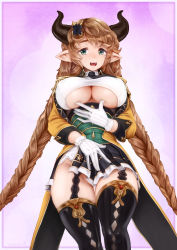 Rule 34 | 1girl, barbariank, black skirt, black thighhighs, blush, braid, breasts, brown hair, carmelina (granblue fantasy), cleavage, cleavage cutout, clothing cutout, covered erect nipples, draph, fangs, garter straps, gloves, granblue fantasy, green eyes, hair ornament, highres, horns, large breasts, long hair, long sleeves, looking at viewer, miniskirt, no panties, open mouth, pleated skirt, pointy ears, skirt, smile, solo, teeth, thigh gap, thighhighs, twin braids, underboob, underboob cutout, upper teeth only, very long hair, white gloves