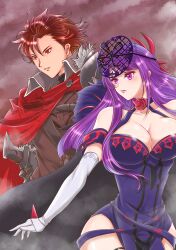 Rule 34 | 1boy, 1girl, absurdres, bare shoulders, black cape, breasts, brown jacket, cape, commentary request, diamant (fire emblem), dress, elbow gloves, fire emblem, fire emblem engage, gloves, highres, ivy (fire emblem), jacket, komainutotoro, large breasts, long hair, nintendo, off-shoulder dress, off shoulder, purple dress, purple eyes, purple hair, red cape, red eyes, red hair, short hair, upper body, white gloves