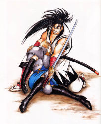 Rule 34 | 1boy, 1girl, armor, black hair, blonde hair, boots, breastplate, charlotte christine de colde, cuts, elbow gloves, gloves, haoumaru, injury, japanese clothes, katana, knee boots, knee pads, mera jin, official art, pauldrons, ponytail, protecting, samurai spirits, shoulder armor, snk, sword, unconscious, weapon