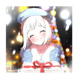 1girl ^_^ beret blue_coat blue_streaks blurry blurry_background blush border character_name christmas_tree closed_eyes coat collarbone dot_nose eyelashes facing_viewer fur-trimmed_coat fur_trim gakuen_idolmaster gift hat head_tilt holding holding_gift idolmaster incoming_gift katsuragi_lilja motion_blur night ribbon_braid ringo_ame_(umsf2734) short_hair smile snowing solo upper_body white_border white_hair