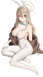 Rule 34 | 1girl, absurdres, akane (blue archive), akane (bunny) (blue archive), animal ears, aqua bow, aqua bowtie, black-framed eyewear, blue archive, blush, bow, bowtie, breasts, brown eyes, brown shawl, cleavage, collarbone, commentary, detached sleeves, fake animal ears, full body, glasses, gloves, hair between eyes, hairband, halo, hand on own thigh, highleg, highleg leotard, highres, kir (khw66136132), large breasts, leotard, light brown hair, long hair, looking at viewer, no shoes, official alternate costume, panties, plaid shawl, playboy bunny, rabbit ears, shawl, sidelocks, simple background, sitting, solo, strapless, strapless leotard, underwear, white background, white gloves, white hairband, white leotard, white panties, yokozuwari