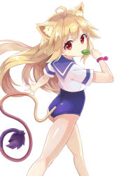 Rule 34 | 1girl, ahoge, animal ears, ass, blonde hair, candy, cat ears, character request, eating, flat ass, food, from behind, from side, highres, lion ears, lion tail, lollipop, long hair, long tail, looking back, one-piece swimsuit, original, red eyes, school swimsuit, school uniform, serafuku, shirt, solo, swimsuit, swimsuit under clothes, tail, walking, xuan chu