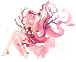 Rule 34 | 1girl, :d, absurdres, arm up, branch, breasts, commentary, dress, elysia (herrscher of human:ego) (honkai impact), elysia (honkai impact), elysia (peachy spring) (honkai impact), flower, hair between eyes, high heels, highres, honkai (series), honkai impact 3rd, knees together feet apart, long hair, long sleeves, medium breasts, open mouth, petals, pink flower, pink hair, puffy long sleeves, puffy sleeves, purple eyes, red dress, see-through, see-through sleeves, shoes, simple background, smile, solo, very long hair, white background, white footwear, yuhuria 52