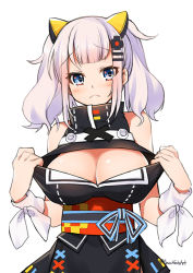 Rule 34 | 1girl, bad id, bad pixiv id, bare shoulders, black dress, blue eyes, breasts, cleavage, cleavage cutout, closed mouth, clothes pull, clothing cutout, commentary, dress, dress pull, hair ornament, hairclip, hands up, kaguya luna, large breasts, light frown, looking at viewer, macchiato (jae-min cho), obi, pulling own clothes, sash, silver hair, simple background, sleeveless, sleeveless dress, solo, sweat, the moon studio, twintails, upper body, virtual youtuber, white background