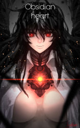 Rule 34 | 1girl, black hair, breasts, breasts apart, closed mouth, cyborg, english text, expressionless, feathers, female focus, glowing, glowing eye, hair between eyes, highres, kaitou0215, large breasts, long hair, looking at viewer, no bra, open clothes, open shirt, red eyes, reiuji utsuho, shirt, signature, solo, third eye, touhou, upper body