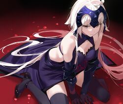 Rule 34 | 1girl, absurdres, arm support, bare shoulders, black gloves, breasts, chain, cleavage, clothing cutout, elbow gloves, fate/grand order, fate (series), gauntlets, gloves, headpiece, high heels, highres, jeanne d&#039;arc alter (avenger) (fate), jeanne d&#039;arc alter (avenger) (third ascension) (fate), jeanne d&#039;arc alter (fate), kinjin, kneeling, large breasts, long hair, looking at viewer, sitting, solo, thighhighs, very long hair, wariza, yellow eyes