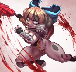 Rule 34 | 1girl, :3, animal ears, animal feet, animal nose, animal skull, arm up, armor, bikini armor, black fur, black gloves, black hair, black shirt, black socks, blonde hair, blood, blood on face, blood splatter, blue bow, blue eyes, body fur, bow, breasts, brown fur, cameltoe, cleavage, cleft of venus, collarbone, dog ears, dog girl, dog tail, feet, female focus, fingerless gloves, full body, fur-trimmed armor, fur trim, furry, furry female, gloves, gluteal fold, groin, hair bow, half-closed eyes, hand up, happy, highres, hitmanatee, holding, holding weapon, jumping, knee pads, long sleeves, looking at viewer, medium breasts, multicolored eyes, multicolored fur, multicolored hair, open mouth, original, outstretched arm, panties, red eyes, sharp teeth, shirt, short hair, shoulder armor, sidelocks, single knee pad, single sleeve, smile, snout, socks, solo, spotted fur, spread legs, stirrup legwear, streaked hair, string panties, tail, tail raised, teeth, thick thighs, thighs, toeless legwear, toes, two-tone hair, two-tone shirt, underwear, vambraces, weapon, white background, white fur, wide hips, yellow panties, yellow shirt