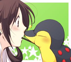 Rule 34 | 00s, 1girl, bad id, bad pixiv id, brown hair, creatures (company), cyndaquil, food, game freak, gen 2 pokemon, imminent kiss, kiss, kris (pokemon), lyra (pokemon), mogiko, nintendo, pocky, pocky kiss, pokemon, pokemon (creature), pokemon hgss, shared food, simple background, star (symbol), surprise kiss, surprised