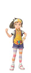 Rule 34 | 1girl, 3d, absurdres, artist request, backpack, bag, blouse, blue shorts, brown eyes, brown hair, camera, child, clenched hand, closed mouth, creatures (company), denim, denim shorts, female focus, flat chest, full body, game freak, game model, hand on own hip, hand up, happy, hat, highres, leggings, leggings under shorts, looking at viewer, multicolored clothes, multicolored legwear, multicolored shirt, new pokemon snap, nintendo, official art, orange hat, pantyhose, pin, pocket, pokemon, ponytail, river (pokemon), shirt, shoes, short hair, short shorts, shorts, sidelocks, simple background, smile, solo, standing, striped clothes, striped pantyhose, transparent background, visor cap, white footwear, wristband, yellow shirt