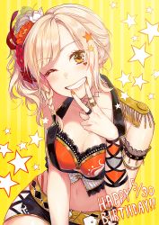 Rule 34 | 10s, 1girl, alternate hairstyle, armlet, belt, bikini, bikini top only, blonde hair, blush, braid, breasts, cleavage, collarbone, commentary request, cropped vest, dated, epaulettes, facial mark, feather hair ornament, feathers, flower, gold trim, grin, hair flower, hair ornament, happy birthday, heart, highres, jewelry, looking at viewer, love live!, love live! nijigasaki high school idol club, love live! school idol project, meccha going!!, medium breasts, miyashita ai, nail polish, navel, one eye closed, orange bikini, orange eyes, orange nails, pendant, red feathers, red flower, ring, short shorts, shorts, side braid, side ponytail, sidelocks, smile, solo, star (symbol), star hair ornament, starry background, striped, striped background, sudach koppe, swimsuit, v, vertical stripes, vest, white flower, yellow background