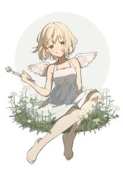 Rule 34 | 1girl, bare arms, barefoot, blonde hair, brown eyes, collarbone, commentary, dress, flower, full body, grey background, grin, hana moto, holding, holding wand, looking at viewer, original, short hair, sitting, sleeveless, sleeveless dress, smile, solo, wand, white background, white dress, white flower, wings