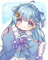 Rule 34 | 1girl, ahoge, amaui, animal, animal on shoulder, blue bow, blue hair, blue kimono, blunt bangs, blush, bow, braid, closed mouth, commentary request, cowboy shot, crescent, crescent hair ornament, crown braid, frilled kimono, frilled sleeves, frills, hair bow, hair ornament, head tilt, highres, japanese clothes, kimono, long hair, long sleeves, looking at viewer, medium bangs, nanashi inc., neck ribbon, pink ribbon, purple bow, purple eyes, purple sash, rabbit, ribbon, sash, side braid, sleeves past fingers, sleeves past wrists, smile, solo, usaba (usabara c), virtual youtuber, white bow, wide sleeves