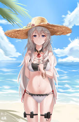 Rule 34 | 1girl, algerie (azur lane), algerie (white sand paradise) (azur lane), arm behind back, azur lane, bare shoulders, beach, bikini, black bikini, blue sky, blush, bracelet, breasts, chinese commentary, cleavage, closed mouth, collarbone, commentary request, cowboy shot, crossed bangs, dated, day, detached collar, drill hair, drill sidelocks, flower, gluteal fold, groin, hair between eyes, hand up, hat, hat flower, highres, holster, jewelry, large breasts, long hair, looking at viewer, midriff, mole, mole under eye, multi-strapped bikini, multiple straps, navel, neck ribbon, ocean, outdoors, palm leaf, purple eyes, qing wu, red ribbon, ribbon, sand, shadow, sidelocks, signature, silver hair, skindentation, sky, smile, solo, standing, straw hat, swimsuit, thigh holster, two-tone bikini, white bikini
