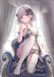 Rule 34 | 1girl, babydoll, bare arms, bare shoulders, blush, breasts, cleavage, couch, curly hair, curtains, frills, full body, garter belt, garter straps, gothic lolita, grey hair, hair ornament, hair ribbon, head tilt, highres, kneeling, lolita fashion, looking at viewer, medium breasts, microsoft windows, missile228, on couch, original, panties, pink eyes, ribbon, see-through, see-through legwear, short hair, skirt, spiral, thighhighs, thighs, underwear, white thighhighs