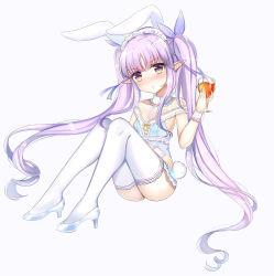 Rule 34 | 1girl, animal ears, bare shoulders, blue background, blue dress, blue footwear, blue ribbon, blush, breasts, brown eyes, closed mouth, collarbone, commentary request, cup, cupping glass, dress, drinking glass, hair ribbon, high heels, highres, holding, holding cup, kemonomimi mode, knees up, kyoka (princess connect!), looking at viewer, maid headdress, nose blush, pointy ears, princess connect!, purple hair, rabbit ears, rabbit girl, rabbit tail, ribbon, rinringyo, shoes, short dress, simple background, sitting, small breasts, solo, tail, thighhighs, twintails, white thighhighs, wrist cuffs
