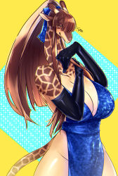 Rule 34 | 1girl, breasts, brown hair, dress, giraffe, highres, k-tatta, smile, solo, tagme