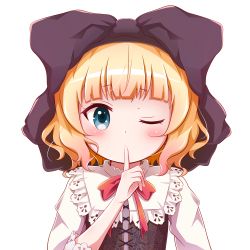 Rule 34 | 1girl, black bow, black dress, blonde hair, blush, bow, commentary request, dress, finger to mouth, gochuumon wa usagi desu ka?, goth risuto, green eyes, hair bow, hand up, kirima syaro, long sleeves, looking at viewer, one eye closed, red bow, revision, shirt, shushing, simple background, solo, upper body, white background, white shirt
