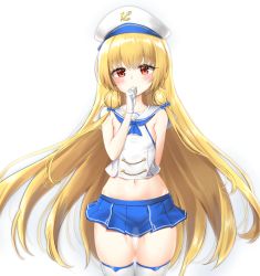 Rule 34 | 1girl, ag-2c sirene, blonde hair, blue bow, blue neckerchief, blue skirt, blush, bow, breasts, cowboy shot, crop top, gloves, gukukimu, hair between eyes, hair bow, hand to own mouth, hat, highres, last origin, long hair, looking at viewer, midriff, miniskirt, navel, neckerchief, pleated skirt, red eyes, sailor collar, sailor hat, shirt, sideboob, skirt, small breasts, smile, solo, standing, thigh gap, thighhighs, very long hair, white gloves, white hat, white sailor collar, white shirt, white thighhighs