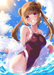 Rule 34 | 1girl, blue sky, breasts, brown hair, cloud, competition swimsuit, cowboy shot, day, double bun, grin, highleg, highleg swimsuit, long hair, looking at viewer, medium breasts, nigouu, one-piece swimsuit, original, outdoors, red eyes, red one-piece swimsuit, sky, smile, solo, splashing, sun, swimsuit, towel, twintails, water, white towel