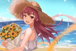 Rule 34 | 1girl, :d, bare shoulders, blue sky, blurry, blush, bouquet, cloud, dappled sunlight, day, depth of field, dress, flower, haru yu, hat, heterochromia, highres, holding, holding bouquet, hololive, horizon, houshou marine, long hair, looking at viewer, ocean, open mouth, outdoors, red eyes, red hair, ribbon, shore, sky, sleeveless, sleeveless dress, smile, solo, straw hat, summer, sun hat, sundress, sunflower, sunlight, upper body, virtual youtuber, water, white dress, yellow eyes