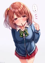 Rule 34 | 1girl, blue cardigan, blush, bow, bowtie, breasts, brown hair, cardigan, closed mouth, collared shirt, commentary request, diagonal-striped bow, diagonal-striped bowtie, diagonal-striped clothes, diagonal-striped neckwear, dress shirt, food, food in mouth, green bow, green bowtie, hand up, index finger raised, long sleeves, medium breasts, mouth hold, one side up, original, pleated skirt, pocky, purple background, red eyes, red skirt, sakura hiyori, school uniform, shirt, simple background, skirt, solo, striped bow, striped bowtie, striped clothes, striped neckwear, translation request, white shirt