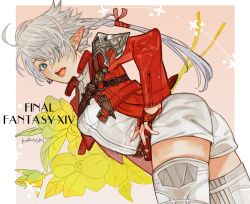 Rule 34 | 1girl, ailout2, alisaie leveilleur, blue eyes, boots, border, elf, final fantasy, final fantasy xiv, flower, hands on own hips, jacket, open mouth, pink background, pointy ears, red jacket, shorts, solo, thigh boots, thighhighs, white border, white hair