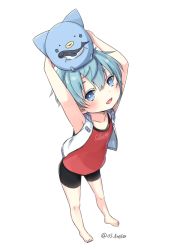 Rule 34 | 1boy, arms up, barefoot, bike shorts, blue eyes, blue hair, full body, male focus, open mouth, original, os (os fresa), shorts, simple background, solo, souta (os), twitter username, white background