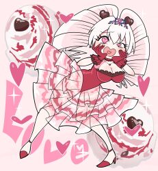 Rule 34 | 1girl, breasts, candy, chocolate, chocolate heart, choker, cleavage, drill hair, english text, ezaki bisuko, food, frilled gloves, frilled leotard, frilled skirt, frills, gloves, hair between eyes, hair ornament, hands on own cheeks, hands on own face, heart, heart-shaped eyes, heart hair ornament, heart necklace, high heels, highres, ice cream, jewelry, large breasts, leotard, long hair, necklace, original, outline, pink background, red choker, red footwear, red gloves, red leotard, see-through, see-through skirt, skirt, solo, sparkle, strapless, strapless leotard, twin drills, white outline