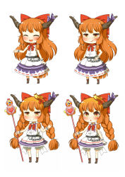 Rule 34 | 1girl, adapted costume, alternate hairstyle, belt, blush, bow, braid, chain, chibi, crown, fang, hair bow, highres, horn ornament, horn ribbon, horns, ibuki suika, long hair, looking at viewer, magical girl, matching hair/eyes, nishiuri, open mouth, orange eyes, orange hair, pointy ears, ribbon, shirt, simple background, skirt, sleeveless, sleeveless shirt, slit pupils, smile, solo, staff, touhou, twin braids, white background, wrist cuffs