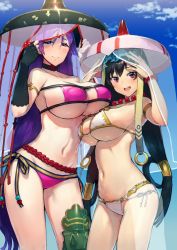 Rule 34 | 2girls, armlet, armor, bare shoulders, bead bracelet, beads, bikini, blue sky, blush, bracelet, breasts, brown hair, choker, cleavage, collarbone, commentary request, day, detached sleeves, eyepatch bikini, fate/grand order, fate (series), greaves, hair tubes, hat, highres, hip focus, huge breasts, jewelry, large breasts, long hair, looking at viewer, minamoto no raikou (fate), minamoto no raikou (swimsuit lancer) (first ascension) (fate), multi-strapped bikini bottom, multiple girls, navel, neo-masterpeacer, open mouth, outdoors, pink bikini, prayer beads, purple eyes, purple hair, red eyes, rope, side-tie bikini bottom, sky, smile, swimsuit, thighs, underboob, veil, very long hair, white bikini, xuangzang sanzang (fate), xuangzang sanzang (white cruising) (fate)