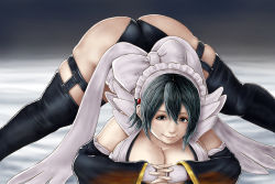 Rule 34 | 1girl, ass, bare shoulders, black hair, blush, grabbing another&#039;s breast, breast press, breasts, cleavage, curvy, fingerless gloves, flexible, gloves, grabbing, headdress, highleg, highleg leotard, huge ass, huge breasts, iroha (samurai spirits), jack-o&#039; challenge, leotard, looking at viewer, maid, maid headdress, nix (ak-style), red eyes, samurai spirits, shiny skin, short hair, smile, snk, solo, thick thighs, thighhighs, thighs, thong, thong leotard, top-down bottom-up