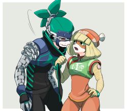 Rule 34 | 1boy, 1girl, 2018, aqua hair, arms (game), bandages, beanie, blonde hair, bracelet, chain, colk (colk com), green eyes, grey background, hand on own hip, hat, hat pin, high collar, jewelry, mask, min min (arms), ninjara (arms), nintendo, open mouth, pin, ponytail, pulling, red background, red eyes, scarf pull, sweatdrop