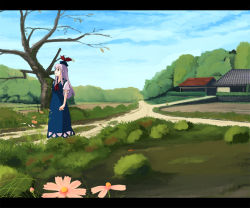 Rule 34 | 1girl, bare tree, blue hat, day, female focus, flower, from side, hat, house, kamishirasawa keine, letterboxed, looking up, neckerchief, outdoors, red neckerchief, road, scenery, sky, solo, standing, takuzui, touhou, tree
