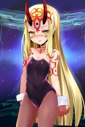 Rule 34 | 1girl, bare arms, bare shoulders, black pantyhose, blonde hair, blush, cowboy shot, facial mark, fate/grand order, fate (series), flat chest, horns, ibaraki douji (fate), leotard, long hair, looking at viewer, markings, nontraditional playboy bunny, oni, oni horns, open mouth, pantyhose, playboy bunny, pointy ears, sen (astronomy), solo, strapless, strapless leotard, sweatdrop, very long hair, wrist cuffs, yellow eyes