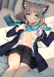 Rule 34 | 1girl, absurdres, animal ears, aqua eyes, blue archive, breasts, halo, highres, jacket, long sleeves, looking at viewer, lying, medium breasts, medium hair, miniskirt, necktie, on back, on bed, open clothes, open jacket, open shirt, parted lips, pillow, pleated skirt, scarf, shiroko (blue archive), shirt, silver hair, skirt, suit jacket, toketa-sekai, white shirt