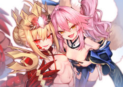 Rule 34 | 2girls, aged down, ahoge, animal ear fluff, animal ears, bare shoulders, bikini, blonde hair, blue bow, blue kimono, blue thighhighs, bow, braid, breasts, criss-cross halter, crown, detached collar, detached sleeves, dragon claw, dragon tail, elbow gloves, fate/extra, fate/grand order, fate/grand order arcade, fate (series), fox ears, fox girl, fox tail, french braid, gloves, hair between eyes, hair bow, hair bun, hair intakes, hair ribbon, halterneck, highres, japanese clothes, kimono, long hair, looking at viewer, multiple girls, navel, nero claudius (fate), nero claudius (fate) (all), obi, open clothes, open mouth, pink hair, queen draco (fate), queen draco (second ascension) (fate), red bikini, red eyes, red ribbon, ribbon, robe, sash, scales, sidelocks, single hair bun, small breasts, smile, swimsuit, tail, tamamo (fate), tamamo no mae (fate/extra), thighhighs, thighs, twintails, white gloves, white robe, wide sleeves, wisespeak, yellow eyes